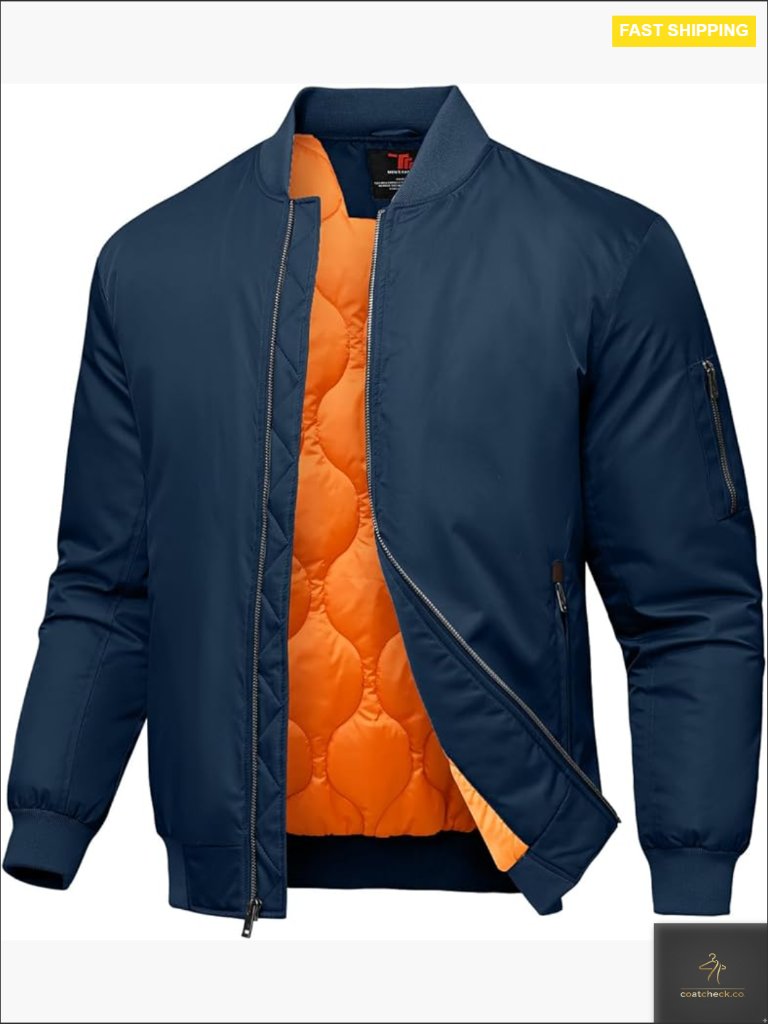 Men's Bomber Jacket Quilted Padded Windbreaker Zip Up Waterproof Satin Flight